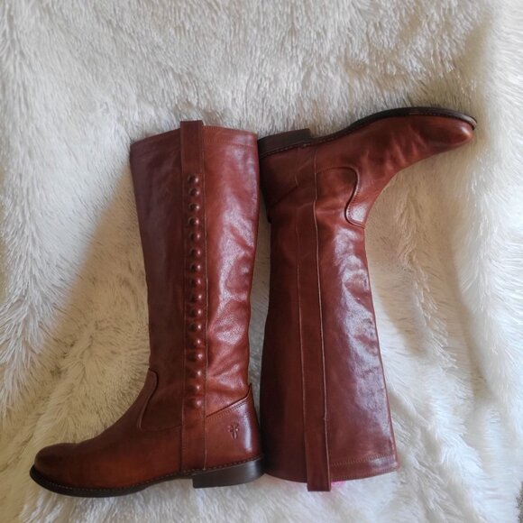 Frye Boots Paige Stud Cognac Leather Riding 7.5B 76121 Tall Pull-on Women - Picture 11 of 12